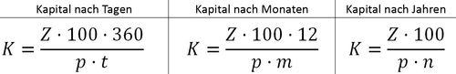 Formeln für Kapital nach Tag, Monat, Jahr